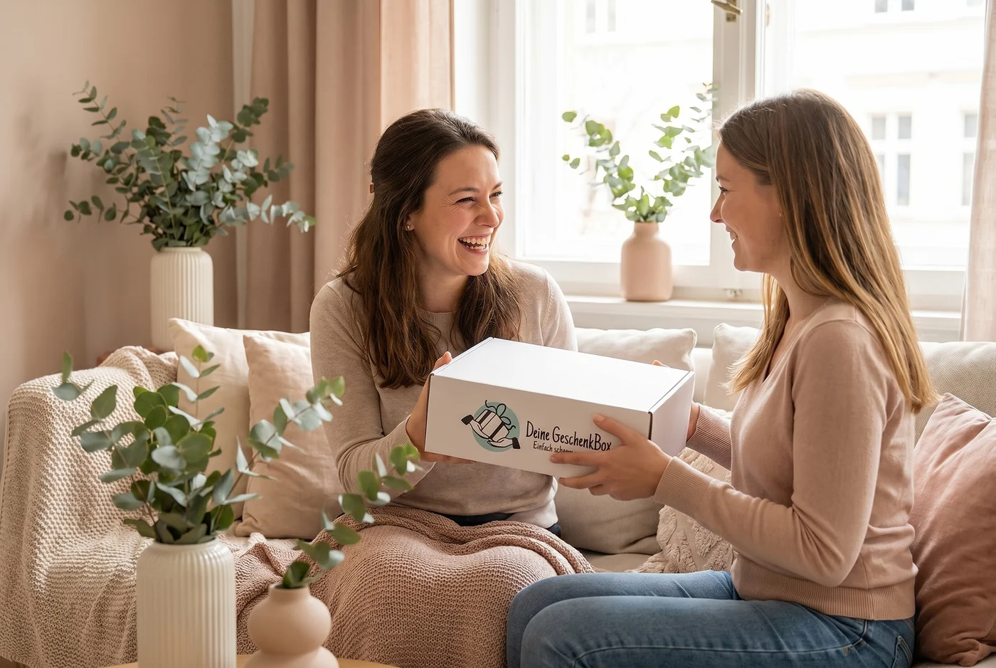 Eine Frau überreicht einer anderen eine GeschenkBox